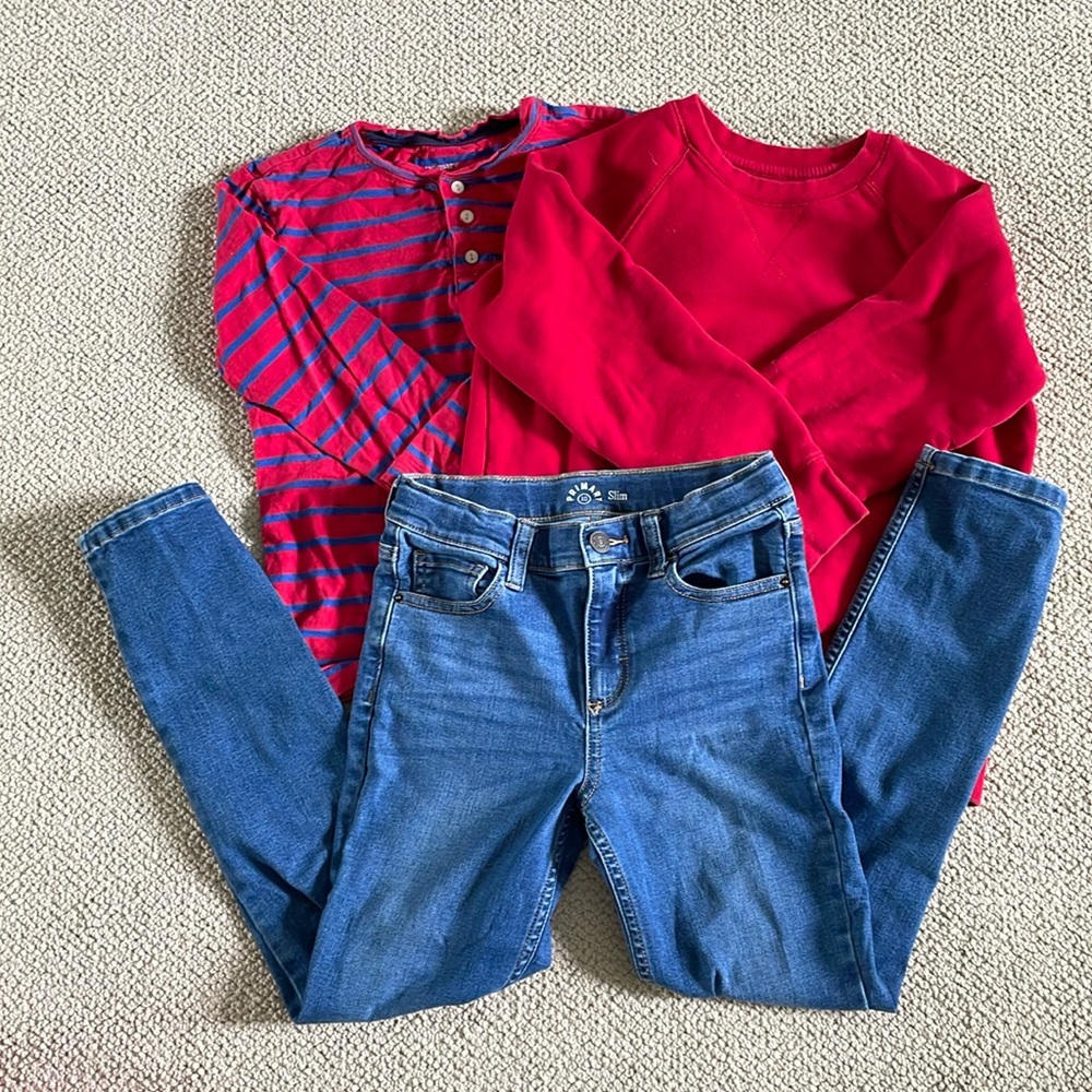 Primary set: sweater, long sleeve tee and jeans